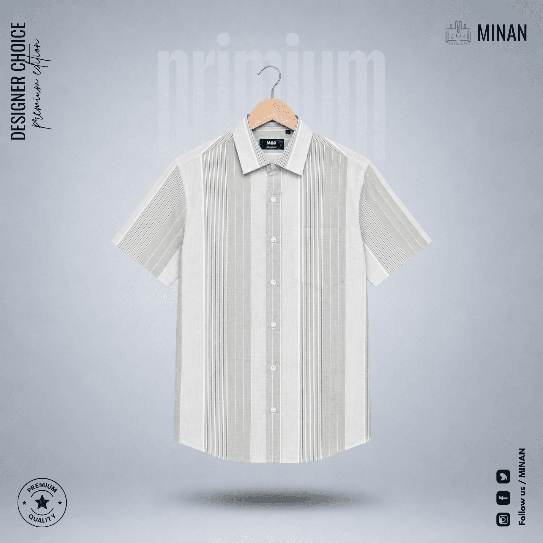 Ash Grey Panel Stripe – Half Sleeve Cotton Shirt