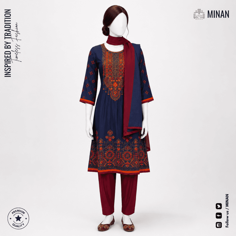 Royal Indigo Embroidered 3-Piece Kurti Set