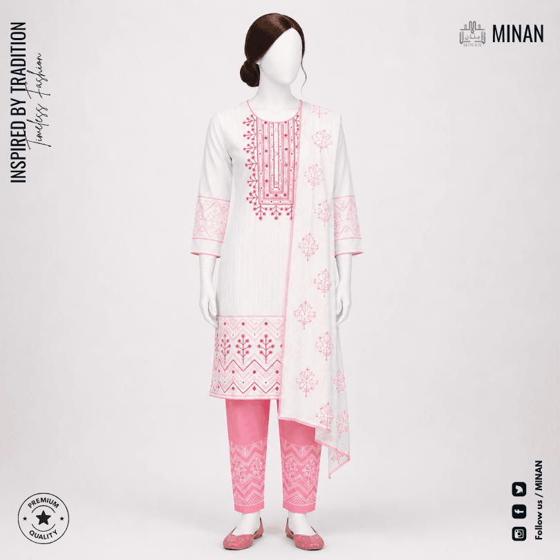 Ivory Blossom Embroidered 3-Piece Kurti Set
