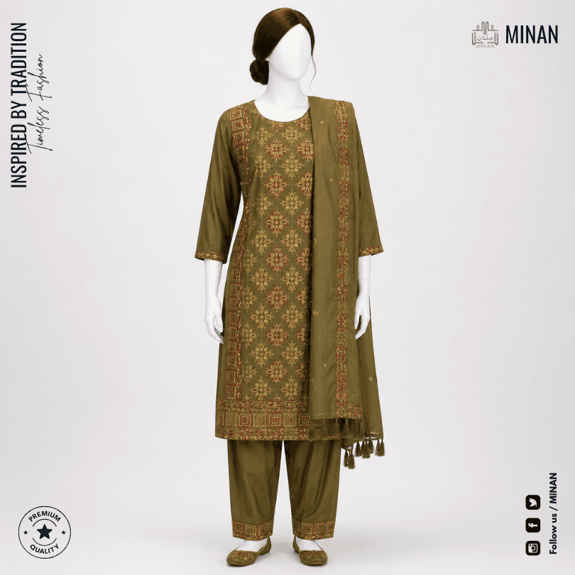 Olive Mosaic Woven 3-Piece Kurti Set