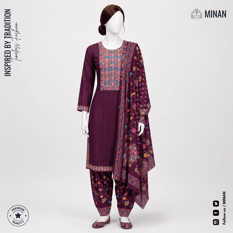 Wine Mosaic Embroidered 3-Piece Kurti Set