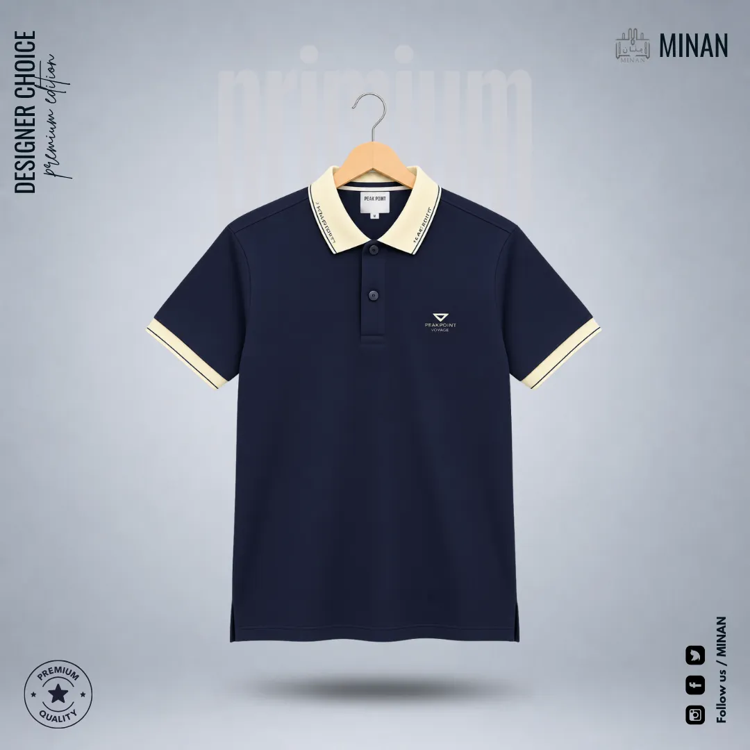 Navy Cream-Tipped Branded Collar Polo Shirt